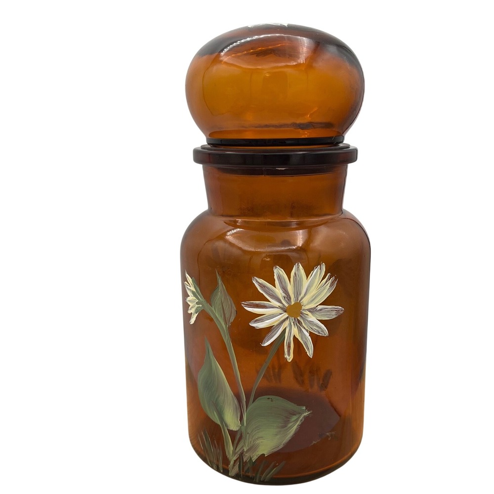 Vtg Belgian Amber Glass Jar Bubble Lid Hand Painted Daisy Storage Mid Century